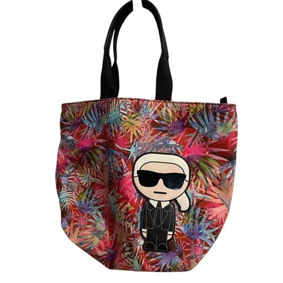 Karl Lagerfeld Paris Tote Bag Colorful Leaf Print Large Shoulder Carryall Purse - Picture 1 of 6